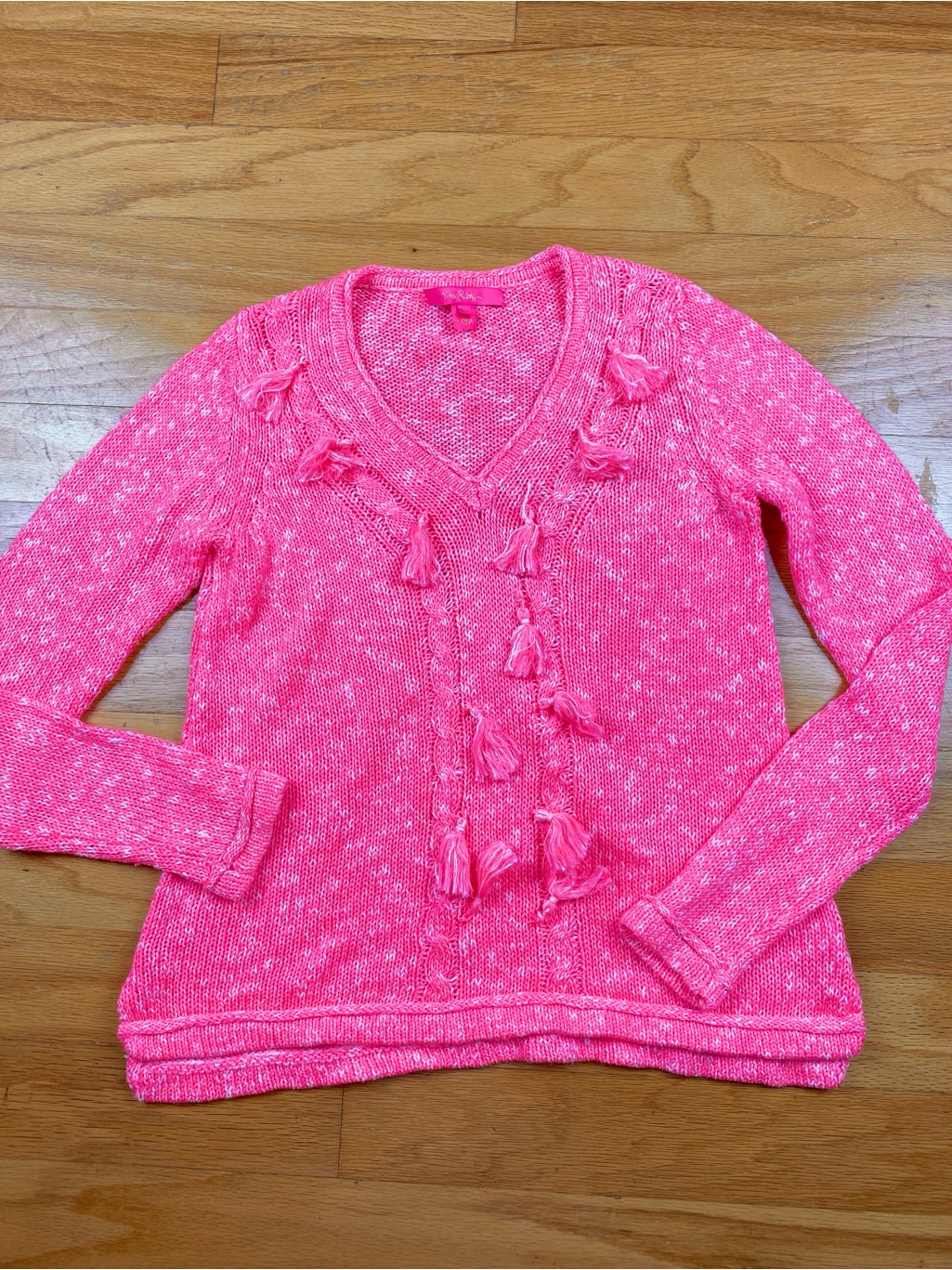 Lilly Pulitzer Size S Kovette V Neck Sweater Coral Sands Marl Pink Tassels *Flaw